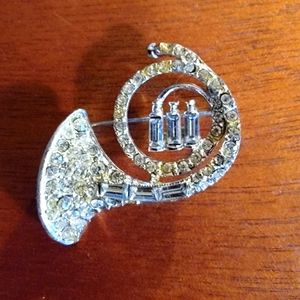 💰🌟 3 for $13 French Horn Brooch, Vintage, Silver with Rhinestones